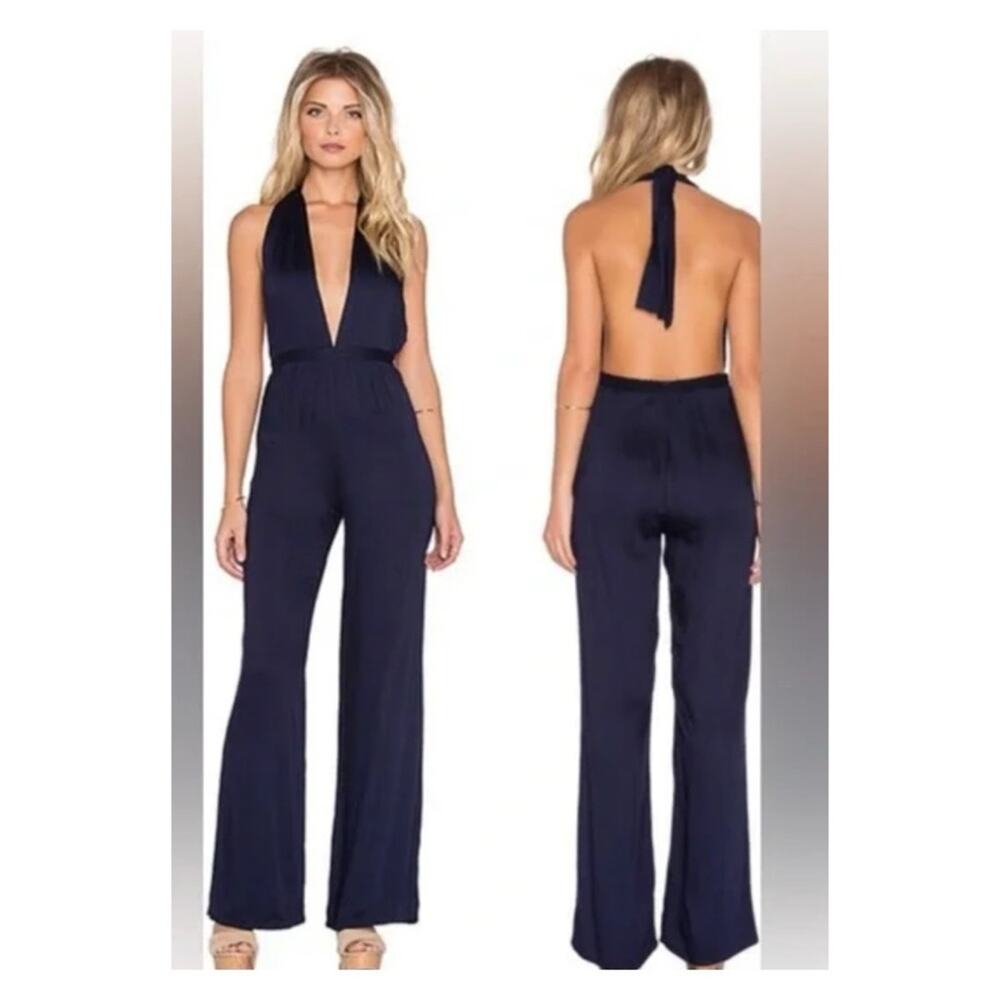 NWT Faithfull the Brand Cannes Halter Neck Flare‎ Leg Jumpsuit L Blue